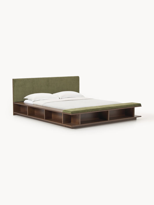 Simpales Clark Bed Frame in Wood with Bench and Side Shelves