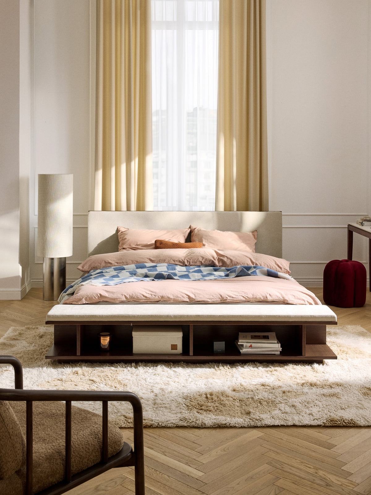 Simpales Clark Bed Frame in Wood with Bench and Side Shelves