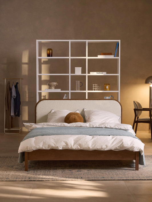 Simpales Jones Bed in Wood with Bouclé Headboard