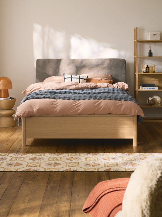 Simpales Santiago Bed in Wood with Upholstered Headboard and Drawers