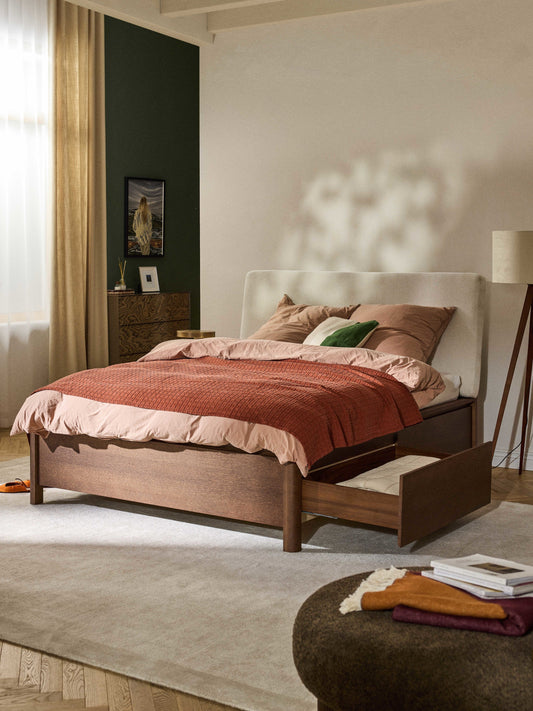 Simpales Santiago Bed in Wood with Upholstered Headboard and Drawers